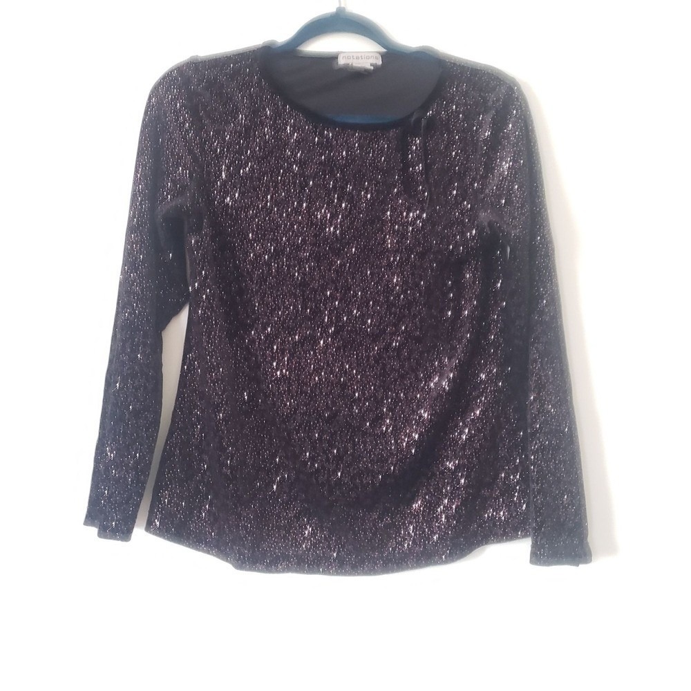 Notations Glitter Sparkle Top Womens Medium‎ Black Silver Y2K Long Sleeve Glam